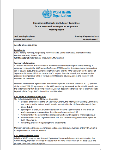 IOAC Sixteenth meeting of the Committee, 4 September 2018