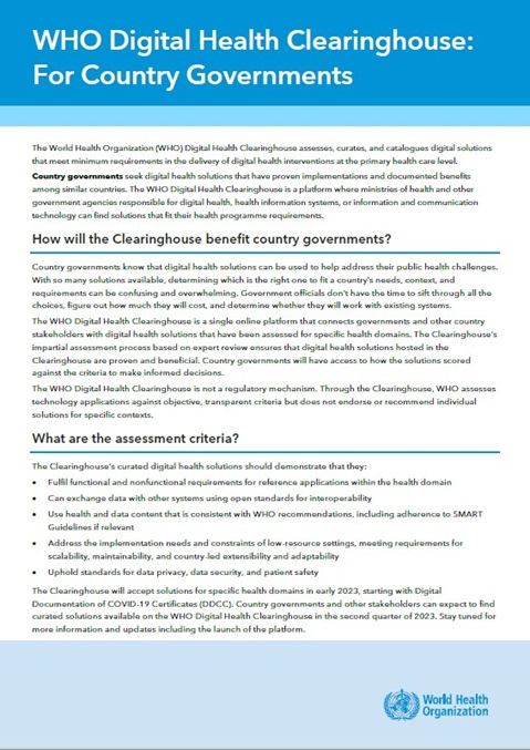 WHO Digital Health Clearinghouse: for country Governments