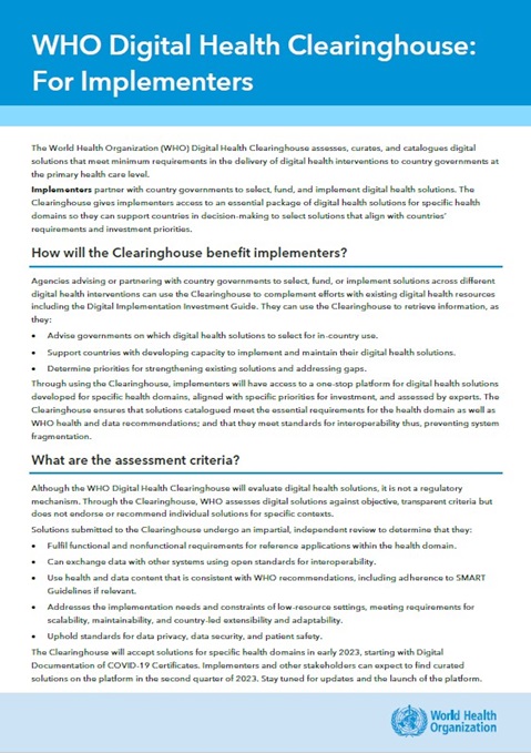 WHO Digital Health Clearinghouse: for implementers
