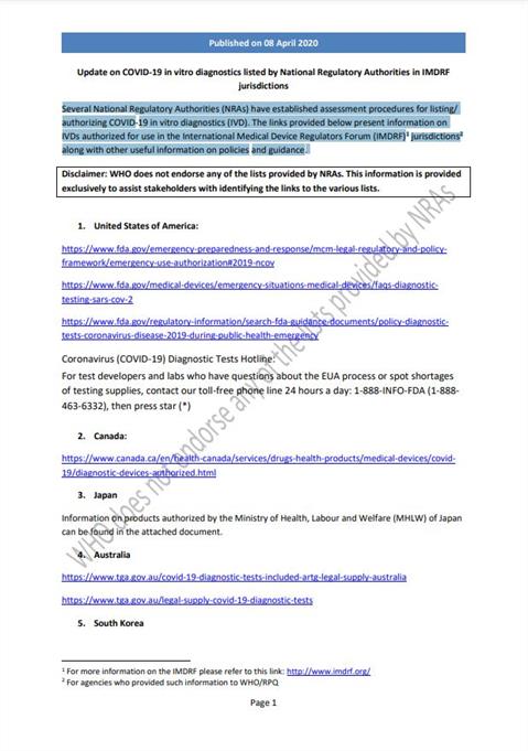 Update on COVID-19 in vitro diagnostics listed by National Regulatory Authorities in IMDRF jurisdictions