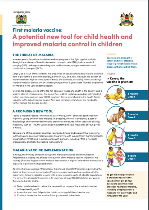Kenya brochure: First malaria vaccine: A potential new tool for child health and improved malaria control in children