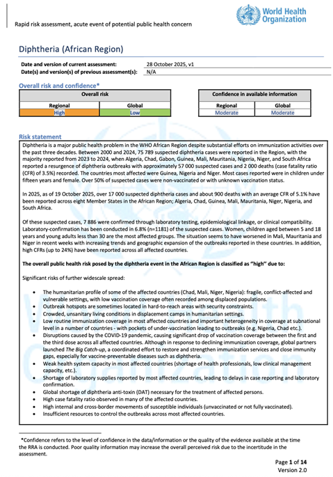 WHO Rapid Risk Assessment - Diphtheria, African Region v.1