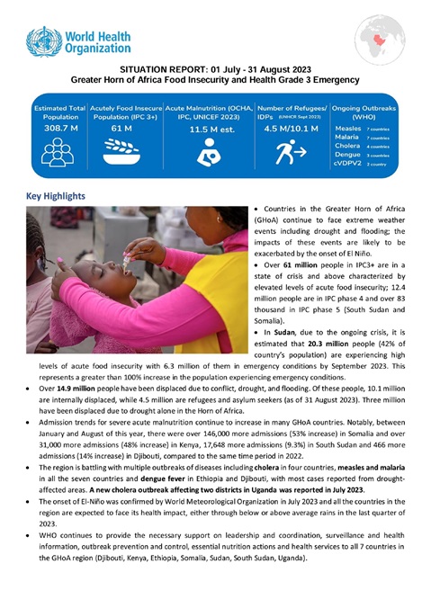Situation Report: Greater Horn of Africa Food Insecurity and Health - Grade 3 Emergency — 1 July 2023 - 31 August 2023