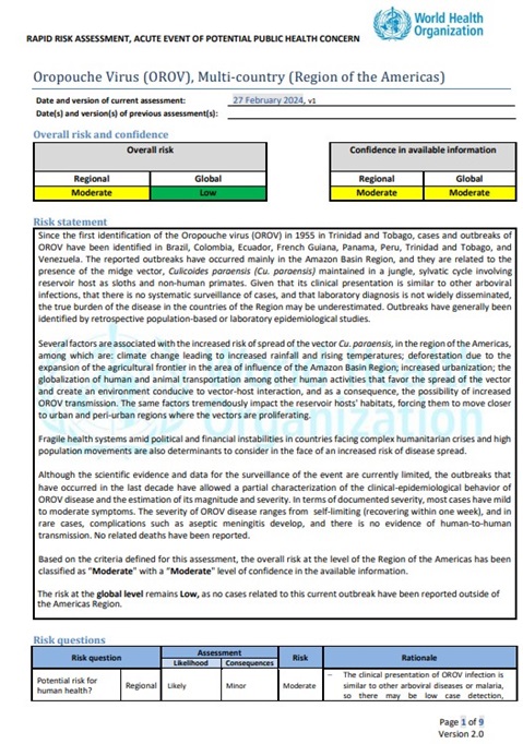 WHO Rapid Risk Assessment - Oropouche virus disease, Region of the Americas v.1