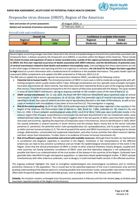 WHO Rapid Risk Assessment - Oropouche virus disease, Region of the Americas v.2
