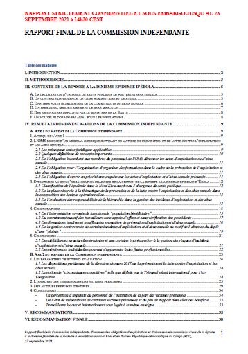 Rapport final de la Commission Indépendante d’examen des allégations d’exploitation et d’abus sexuels commis au cours de la riposte à la dixième flambée de la maladie à virus Ébola, RDC