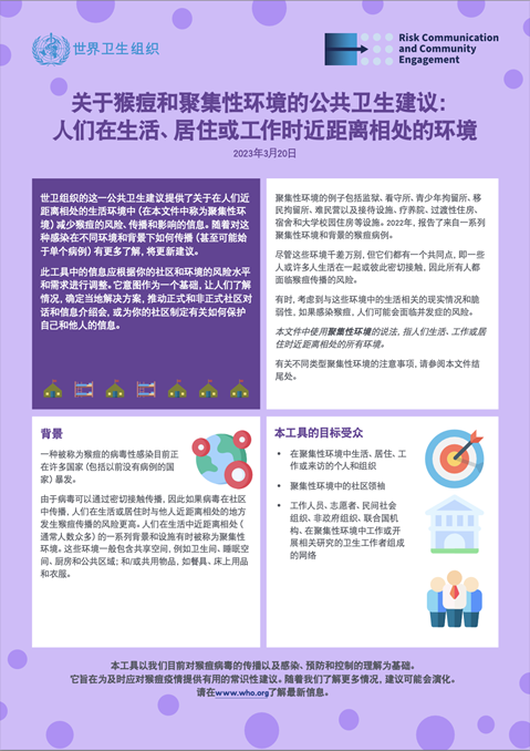 关于猴痘和聚集性环境的公共卫生建议: 人们在生活、居住或工作时近距离相处的环境