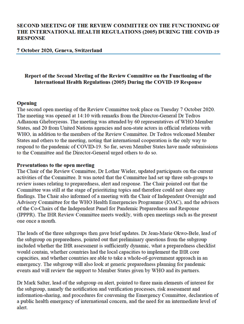 Second meeting of the review committee on the functioning of the International Health Regulations (2005) during the COVID-19 response