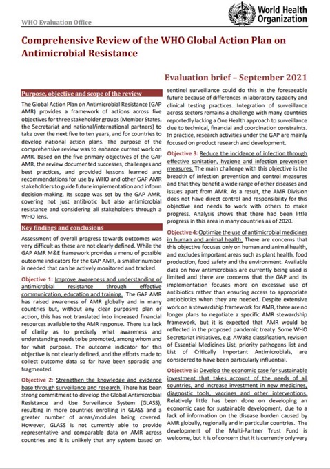 Comprehensive review of the WHO Global Action Plan on Antimicrobial Resistance : Evaluation brief – September 2021