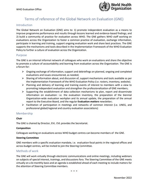 Terms of reference of the Global Network on Evaluation (GNE) (2022)
