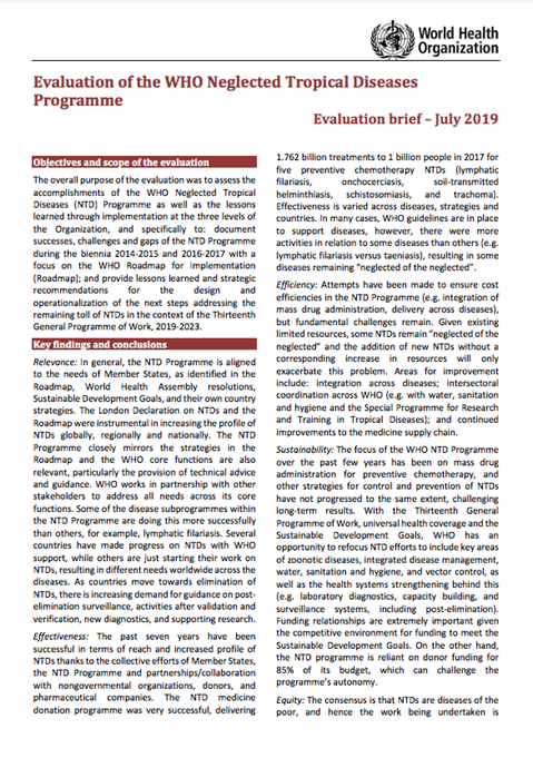 Evaluation of the WHO Neglected Tropical Diseases Programme - Evaluation brief – July 2019