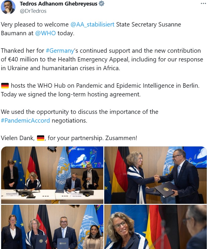 Top donor Germany signs major contribution to WHO for health emergencies; signs host agreement for WHO pandemic hub Top donor Germany signs major contribution to WHO for health emergencies; signs host agreement for WHO pandemic hub
