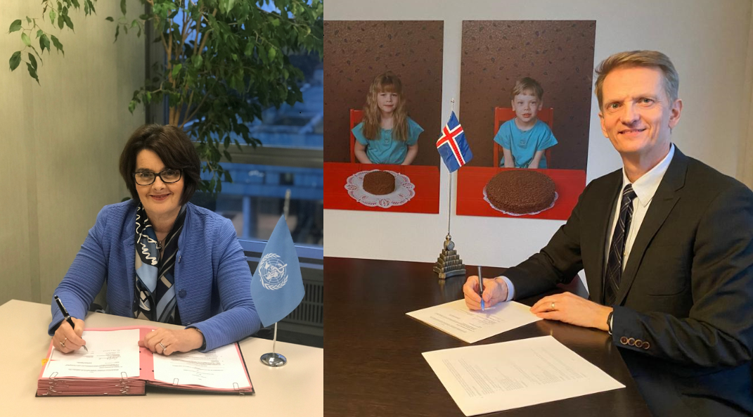 Permanent Representative of Iceland to the UN Office and other International Organizations in Geneva virtually sign agreement for new WHO Mental Health Unit.