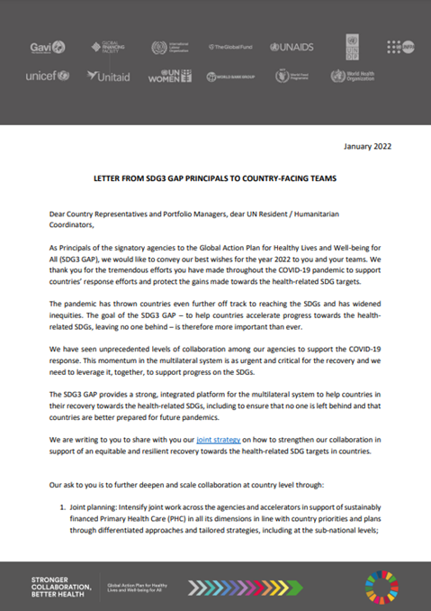 Joint letter from SDG3 GAP Principals to country-facing teams