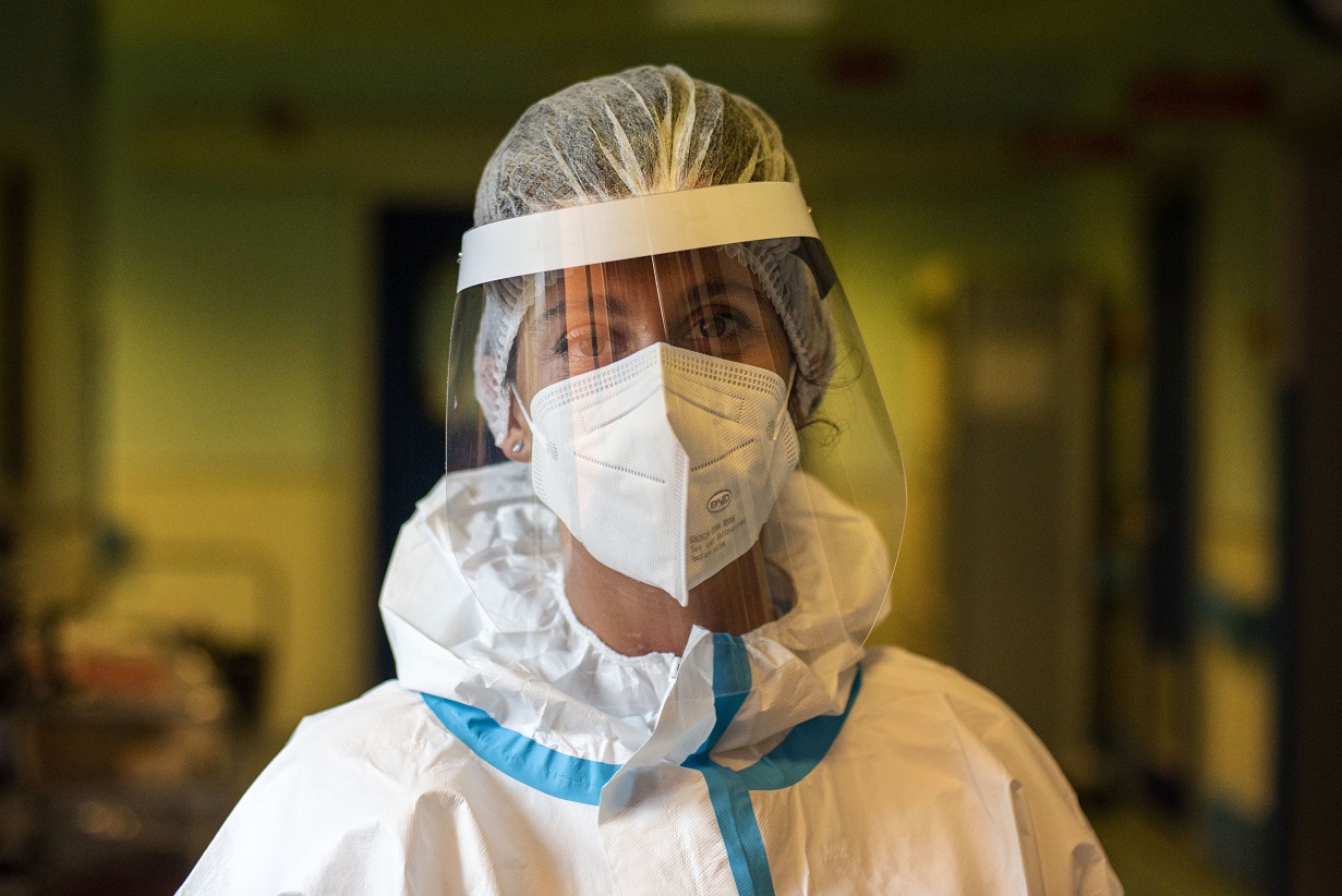 A nurse at an ICU for COVID-19 patients at the St. Orsola-Malpighi Polyclinic in Bologna, Italy.