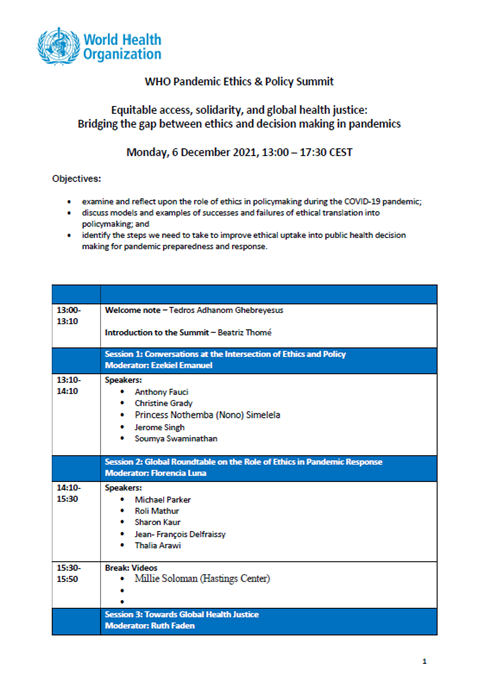 First WHO Pandemic Ethics & Policy Summit