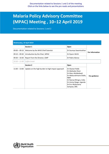 Malaria Policy Advisory Committee to the WHO: Sessions 1 and 2 of the April 2019 meeting
