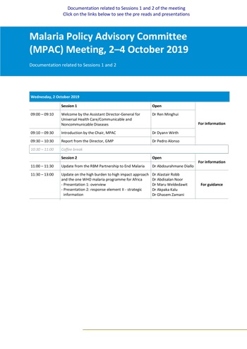 Malaria Policy Advisory Committee to the WHO: Sessions 1 and 2 of the October 2019 meeting