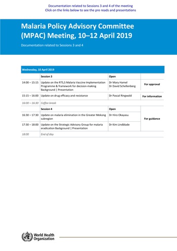 Malaria Policy Advisory Committee to the WHO: Sessions 3 and 4 of the April 2019 meeting