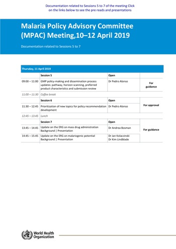 Malaria Policy Advisory Committee to the WHO: Sessions 5 to 7 of the April 2019 meeting