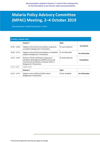 Malaria Policy Advisory Committee to the WHO: Sessions 7 and 8 of the October 2019 meeting