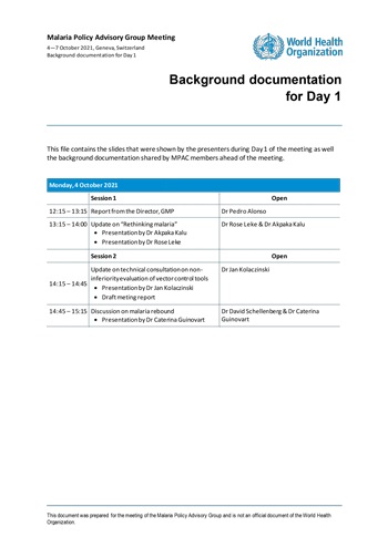 Malaria Policy Advisory Group to the WHO: Day 1 of the October 2021 meeting