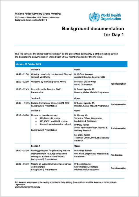 Malaria Policy Advisory Group to the WHO: Day 1 of the October 2023 meeting