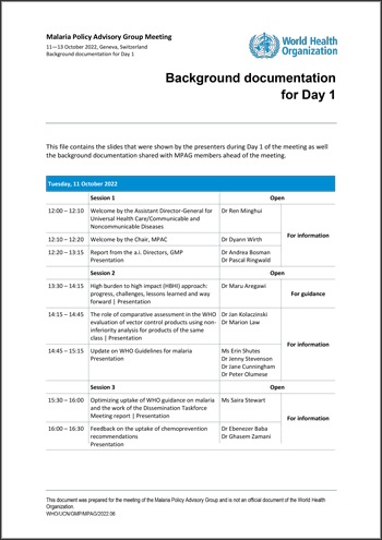 Malaria Policy Advisory Group to the WHO: Day 1 of the October 2022 meeting