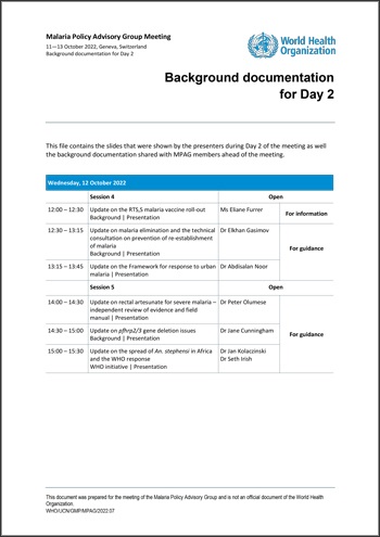 Malaria Policy Advisory Group to the WHO: Day 2 of the October 2022 meeting