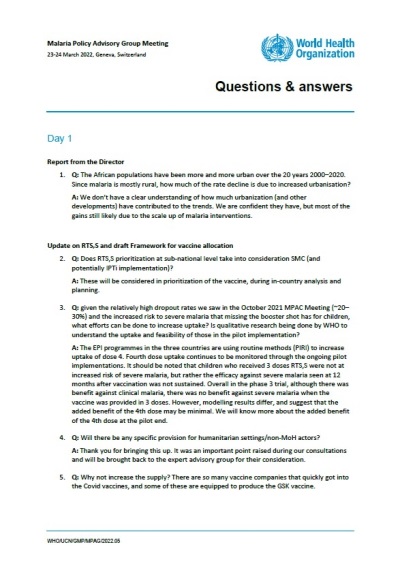 Malaria Policy Advisory Group to the WHO: Questions from observers (March 2022)