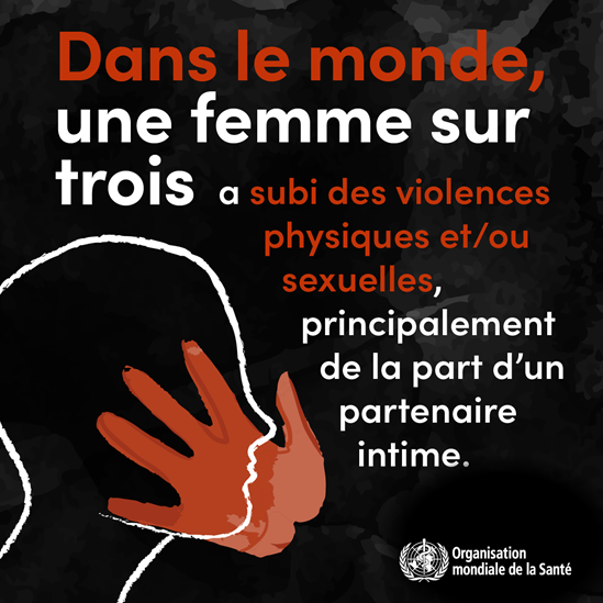 Dans le monde, une femme sur trois a subi des violences physiques et/ou sexuelles, principalement de la part d’un partenaire intime.