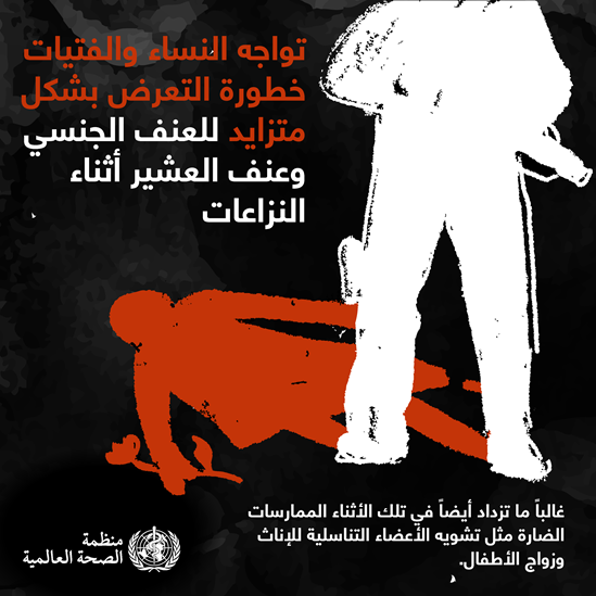 تواجه النساء والفتيات خطورة التعرض بشكل متزايد للعنف الجنسي وعنف العشير أثناء النزاعات.  غالباً ما تزداد أيضاً في تلك الأثناء معدلات الاتجار بالأشخاص والممارسات الضارة مثل تشويه الأعضاء التناسلية للإناث.