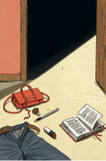 Illustration of an open doorway casting a shadow, with scattered items on the floor including a handbag, belt, makeup, and an open book, symbolizing sexual violence and lack of consent.