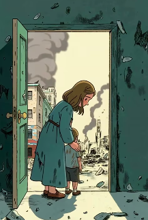Illustration of a woman and child standing in a doorway, looking out at a city in ruins with smoke rising and debris scattered, symbolizing war and displacement.