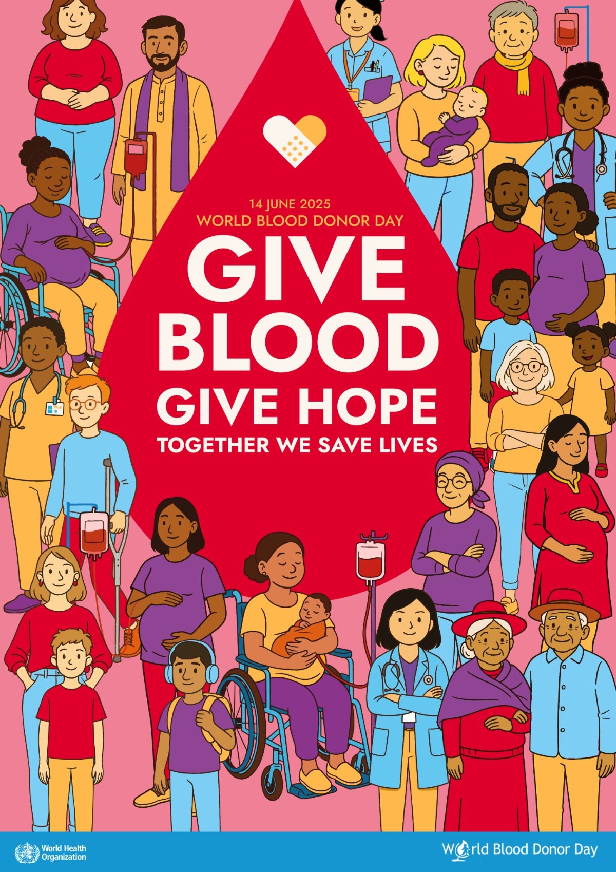 Give hope poster Poster showing an illustration of people and in the middle a big red blood drop with the text "Give blood, give hope, together we save lives".