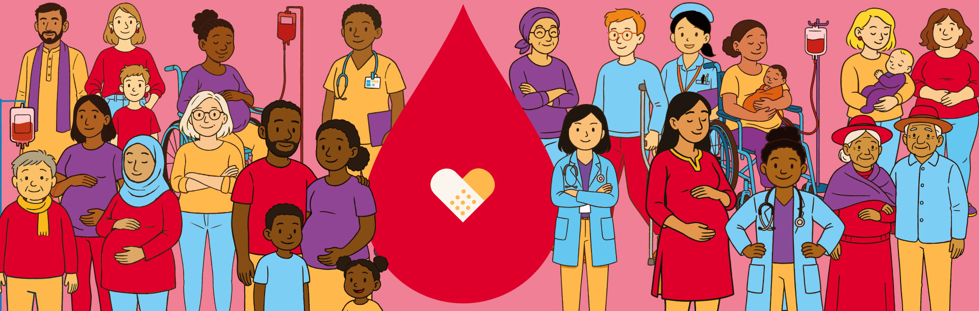 WBDD2025 give hope banner Illustration of health-care professionals and patients. In the middle is a big blood drop and inside a band aid in the shape of a heart.
