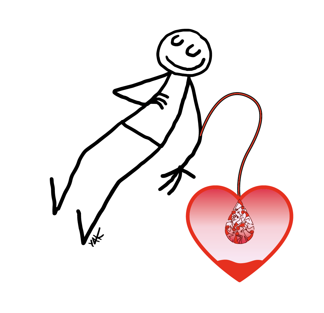 Simple stick figure lying back while a tube leads to a heart-shaped container holding a drop of blood filled with small figures.