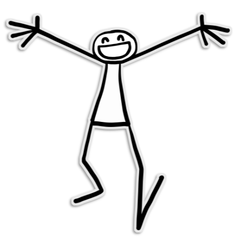 WBDD ELYX Simple black‑and‑white stick figure walking with arms raised and a big smile.