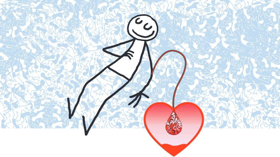 Simple stick figure lying back while a tube leads to a heart-shaped container holding a drop of blood filled with small figures.