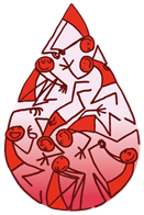 Illustrated red drop-shaped graphic filled with stylized human figures in white and shades of red, arranged in dynamic poses within the shape.