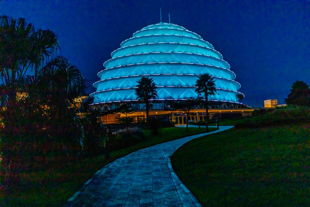 AFR- Kigali Convention Center, Rwanda, Credit- Imbuto Foundation, 2020 Kigali Convention Centre in Rwanda illuminated in teal for World Cervical Cancer Elimination Day.