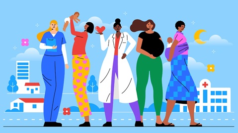 Illustration, on a light blue background, of health-care providers, a pregnant woman and mothers with babies.