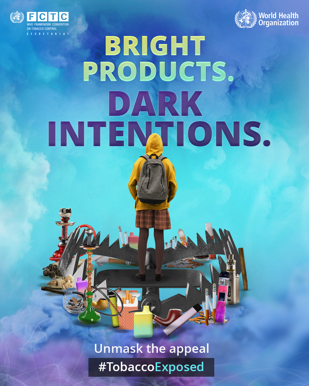 Boy in yellow jacket and brown shorts stands in the middle of a trap full of different tobacco products