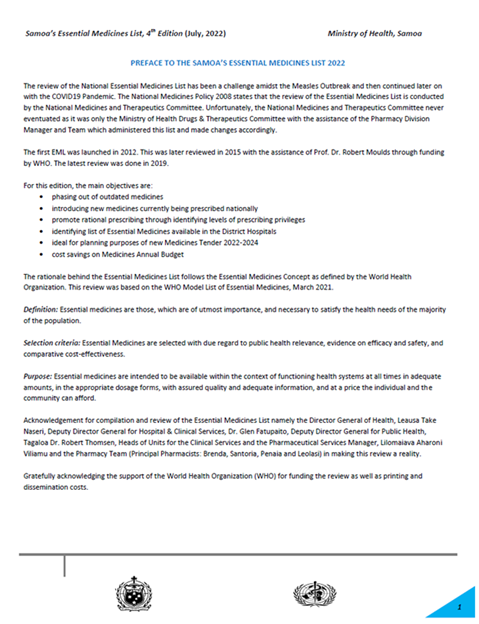 Samoa: Essential Medicines List 2022 (English)