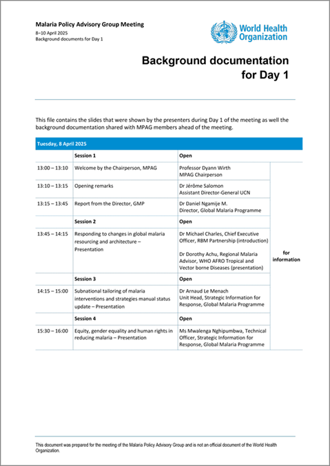 Malaria Policy Advisory Group to the WHO: Day 1 of the April 2025 meeting