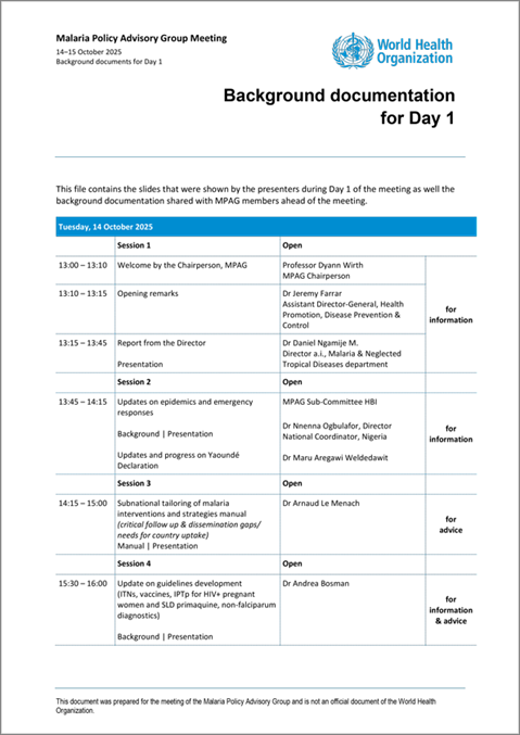 Malaria Policy Advisory Group to the WHO: Day 1 of the October 2025 meeting