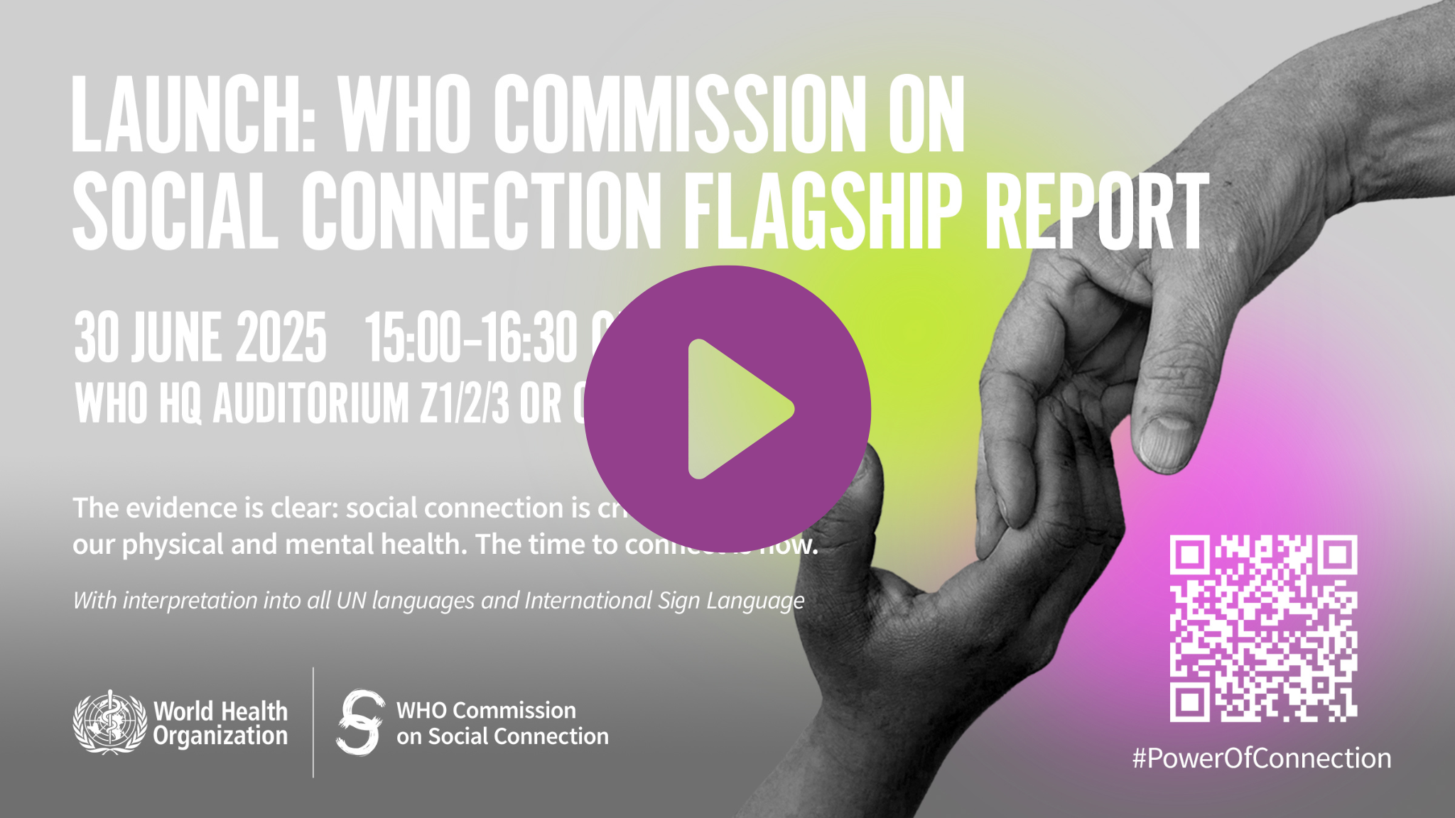 Decorative banner for the launch event of the WHO Commission on Social Connection's flagship report.