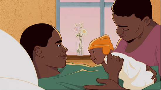 A mother and a father smiling at their newborn baby in a room.