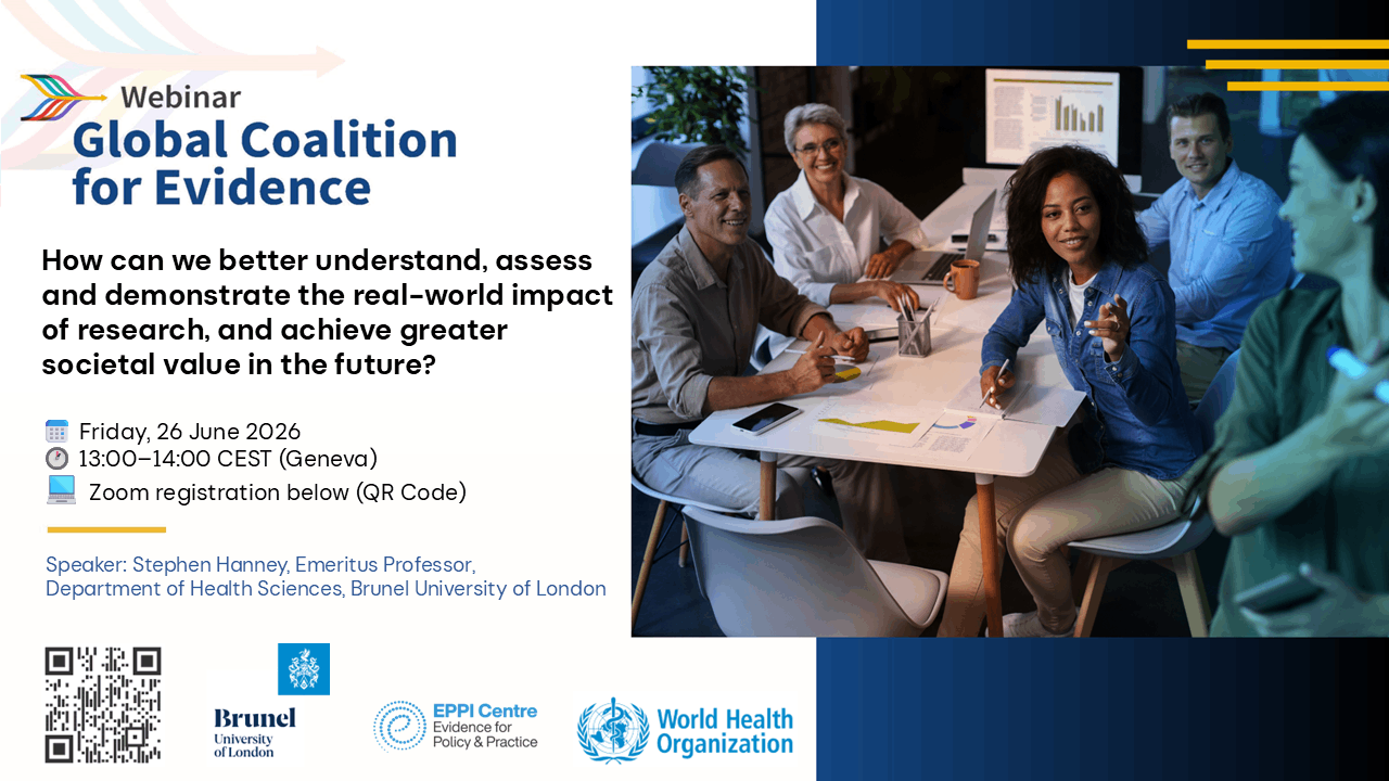 Global Coalition webinar June 2026 Promotional graphic for a webinar titled “Global Coalition for Evidence,” asking how to better assess and demonstrate the real-world impact of research.