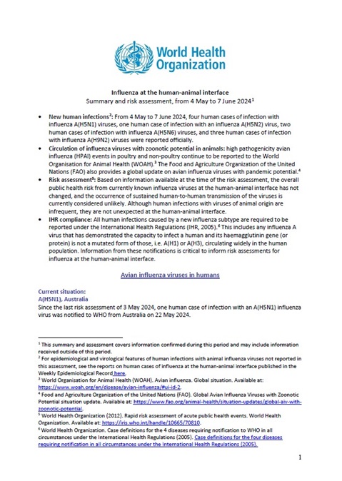 Influenza at the human-animal interface summary and assessment, 7 June 2024